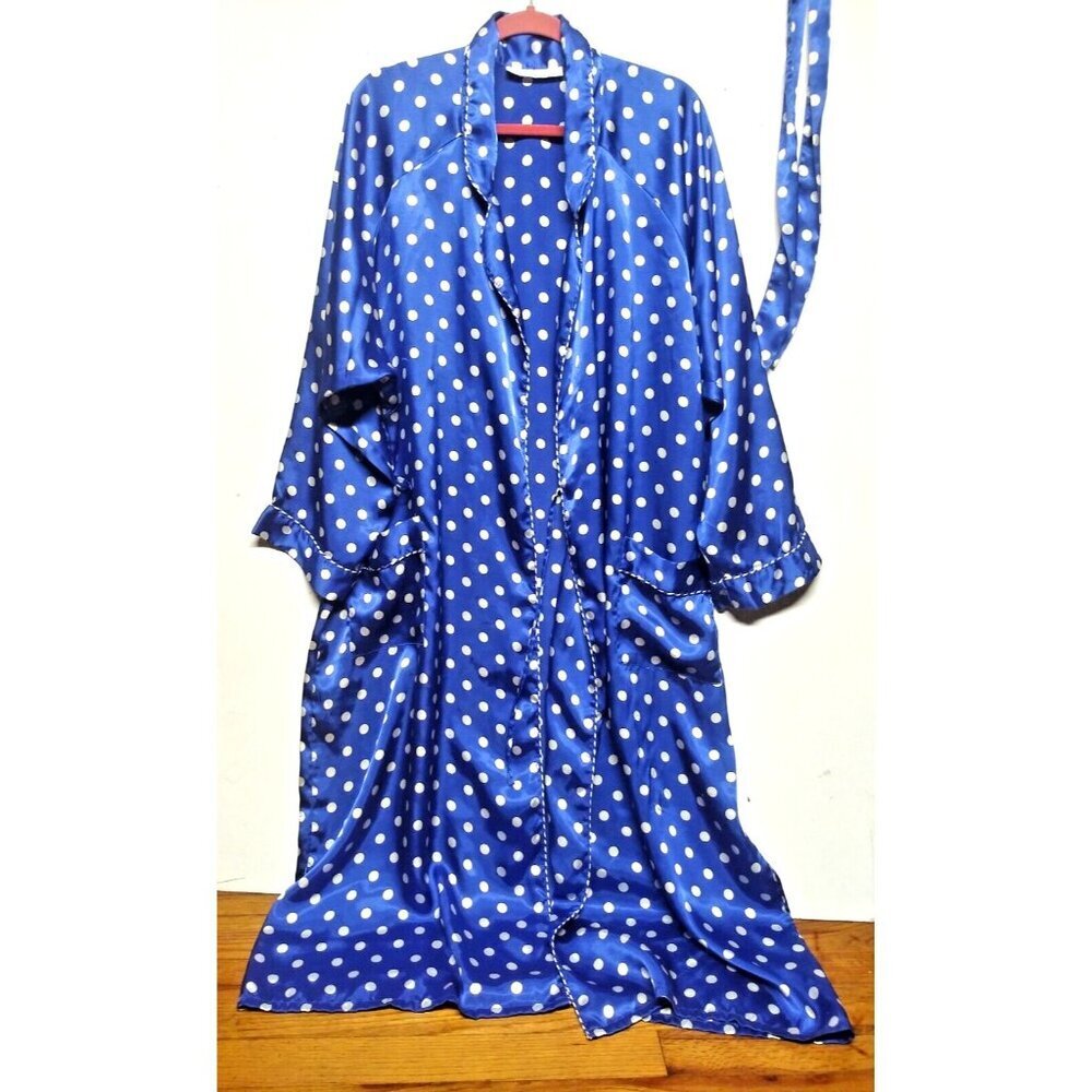 VTG Erika Taylor sleep Robe Gown Blue white Satin Silky Polka dot Womens Sz L